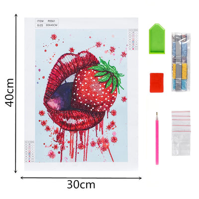 Red Lips Eating Strawberry Special Shaped Drills Diamond Painting