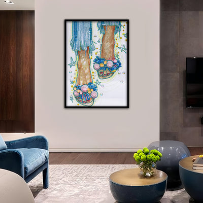 Girl Wearing Floral Slippers Special Shaped Drills Diamond Painting