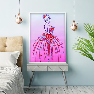 Woman Wearing Pink Floral Dress Special Shaped Drills Diamond Painting