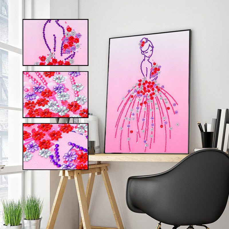 Woman Wearing Pink Floral Dress Special Shaped Drills Diamond Painting