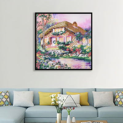 Yellow Garden Hut by the River Special Shaped Drills Diamond Painting