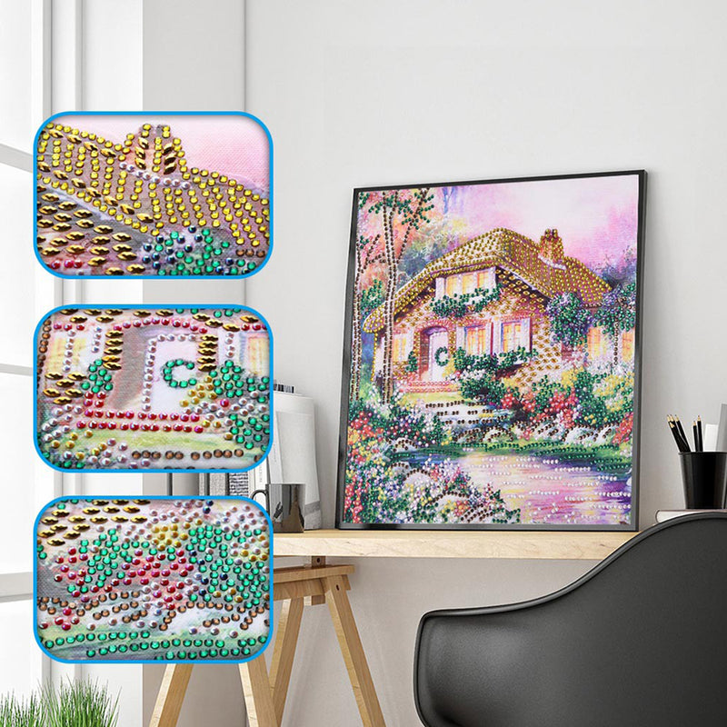 Yellow Garden Hut by the River Special Shaped Drills Diamond Painting