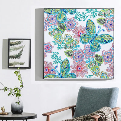 Green Butterfly and Pink Flowers Special Shaped Drills Diamond Painting