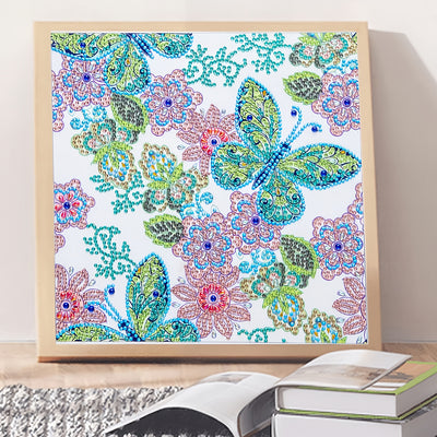 Green Butterfly and Pink Flowers Special Shaped Drills Diamond Painting