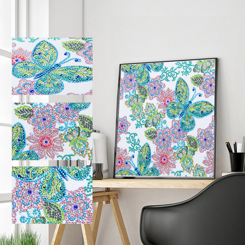 Green Butterfly and Pink Flowers Special Shaped Drills Diamond Painting