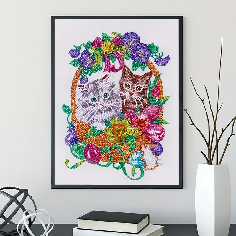 Cats in Flower Basket Special Shaped Drills Diamond Painting