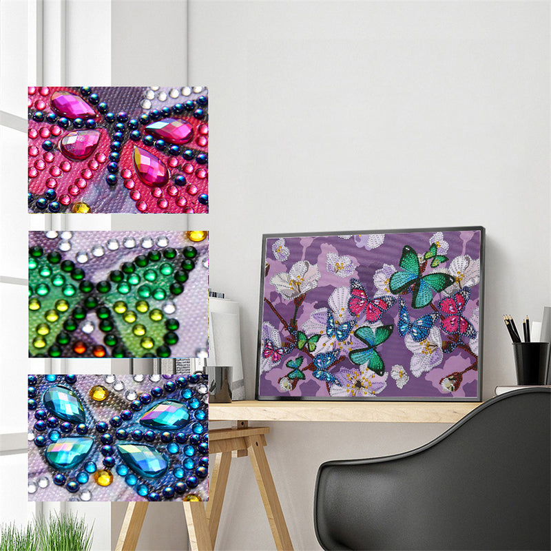 Colorful Butterflies and White Flowers Special Shaped Drills Diamond Painting