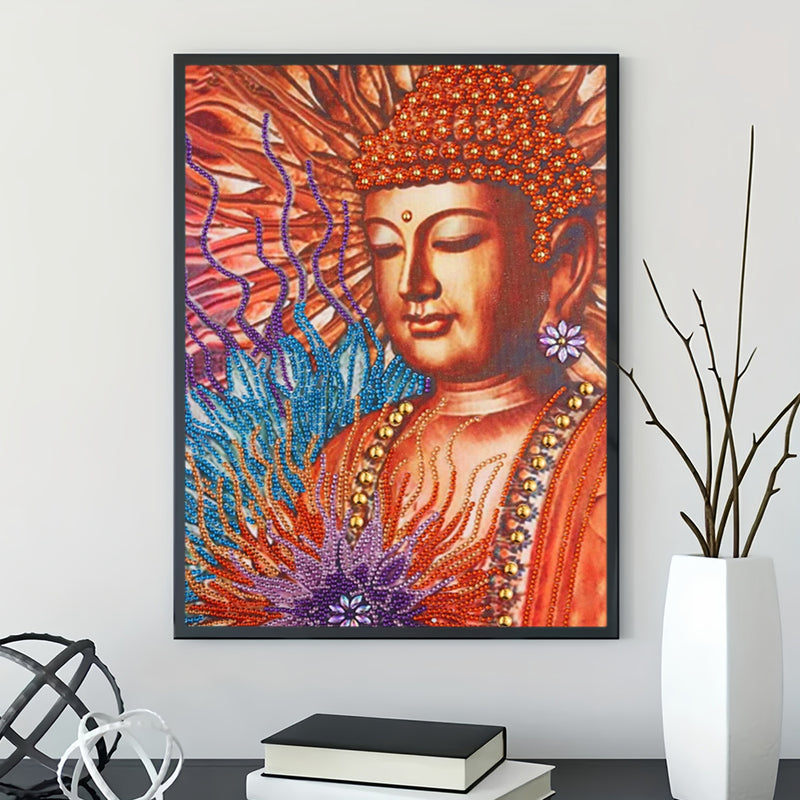 Orange Buddha Statue and Lotus Special Shaped Drills Diamond Painting