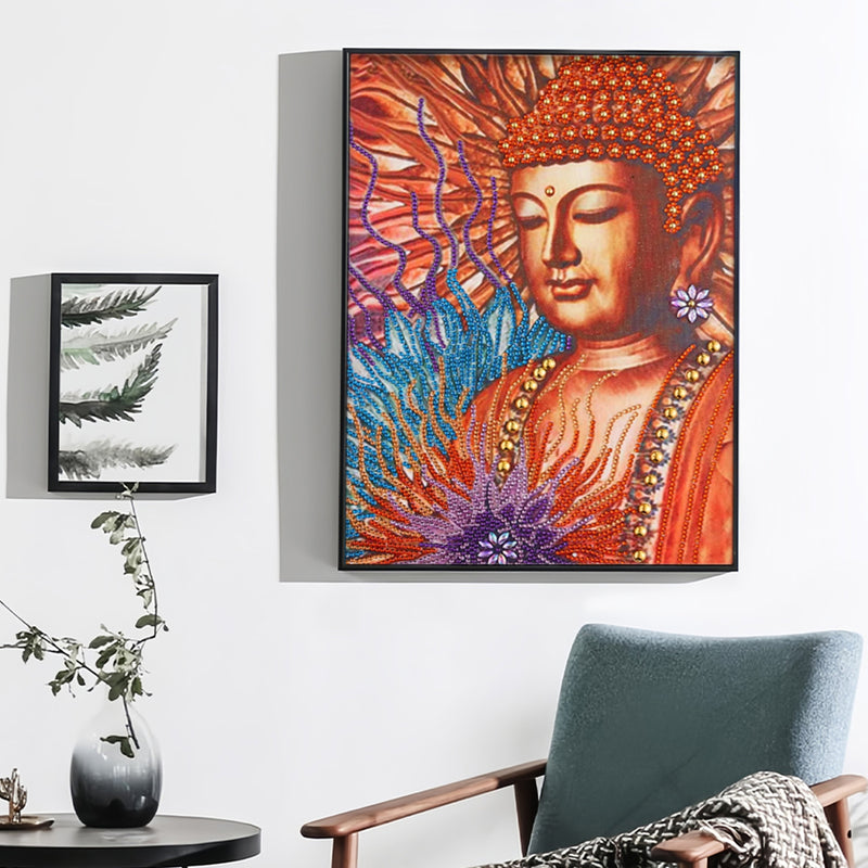 Orange Buddha Statue and Lotus Special Shaped Drills Diamond Painting