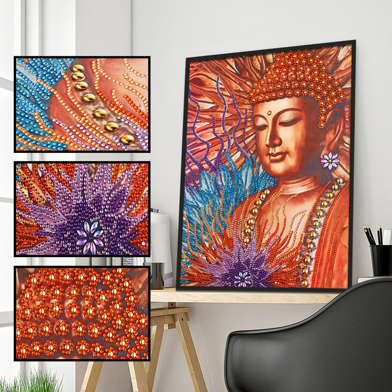 Orange Buddha Statue and Lotus Special Shaped Drills Diamond Painting