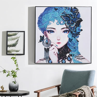 Elegant Blue-Haired Butterfly Woman Special Shaped Drills Diamond Painting