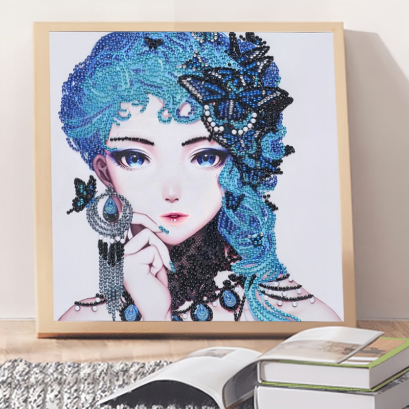 Elegant Blue-Haired Butterfly Woman Special Shaped Drills Diamond Painting