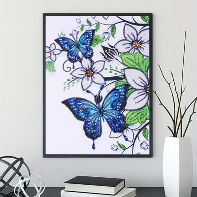 Blue Butterfly and White Flowers Special Shaped Drills Diamond Painting