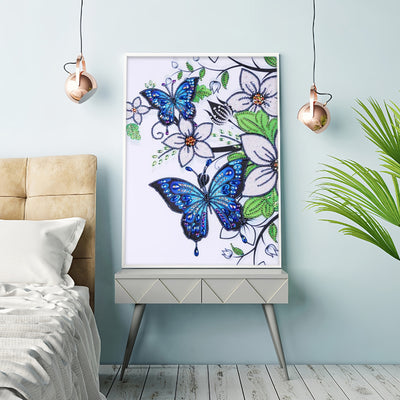 Blue Butterfly and White Flowers Special Shaped Drills Diamond Painting