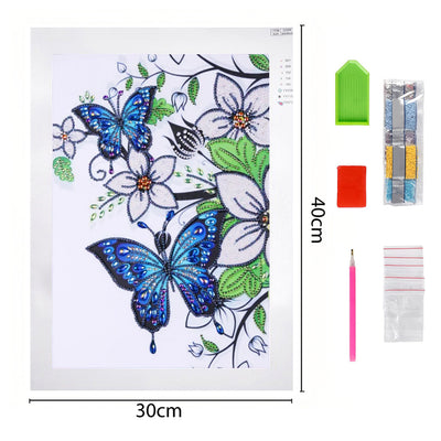 Blue Butterfly and White Flowers Special Shaped Drills Diamond Painting