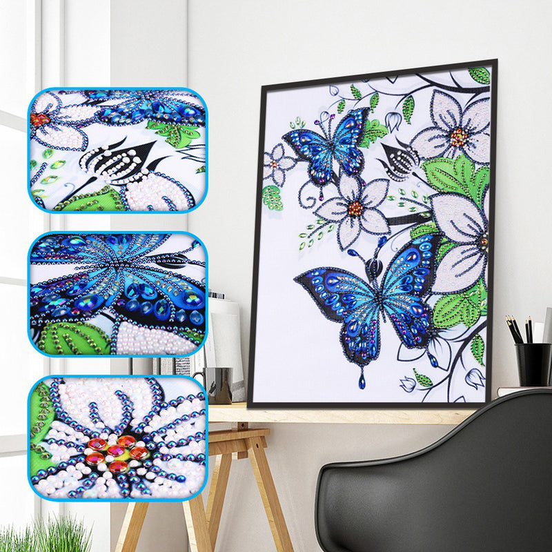 Blue Butterfly and White Flowers Special Shaped Drills Diamond Painting