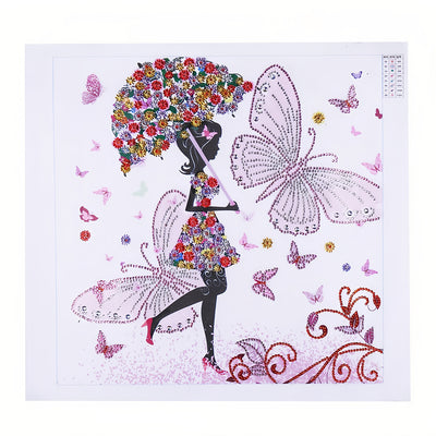 Butterfly Girl Holding Flower Umbrella Special Shaped Drills Diamond Painting