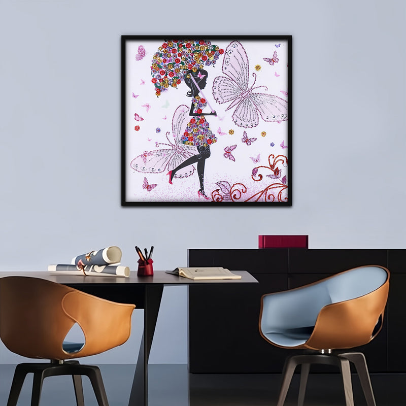 Butterfly Girl Holding Flower Umbrella Special Shaped Drills Diamond Painting