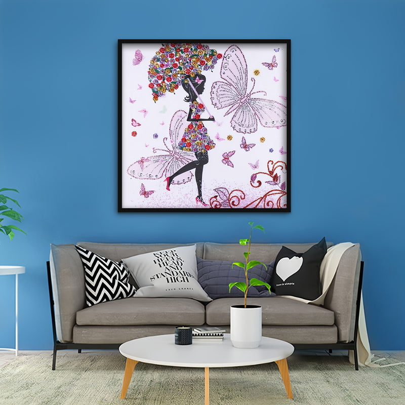 Butterfly Girl Holding Flower Umbrella Special Shaped Drills Diamond Painting