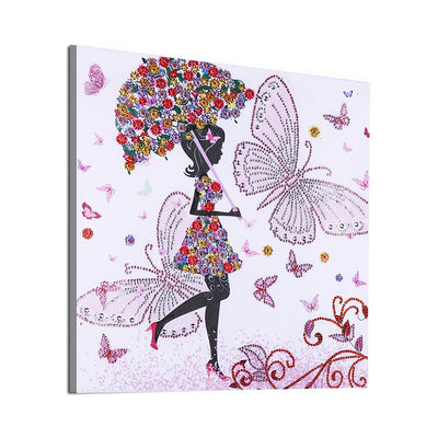 Butterfly Girl Holding Flower Umbrella Special Shaped Drills Diamond Painting