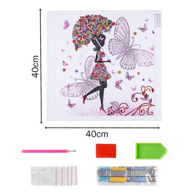 Butterfly Girl Holding Flower Umbrella Special Shaped Drills Diamond Painting