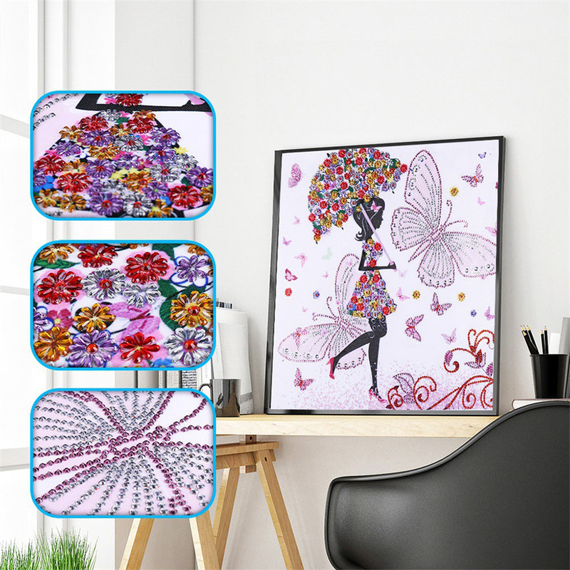 Butterfly Girl Holding Flower Umbrella Special Shaped Drills Diamond Painting