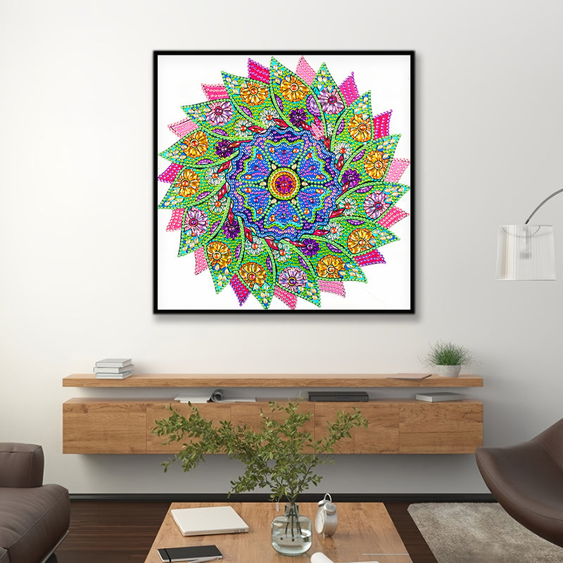 Green and Pink Leaves Mandala Special Shaped Drills Diamond Painting