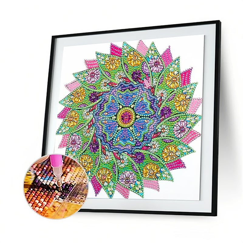 Green and Pink Leaves Mandala Special Shaped Drills Diamond Painting