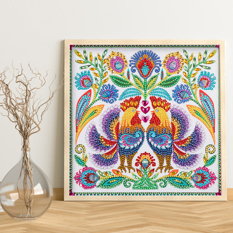 Rooster Couple and Flowers Special Shaped Drills Diamond Painting