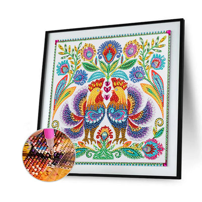 Rooster Couple and Flowers Special Shaped Drills Diamond Painting