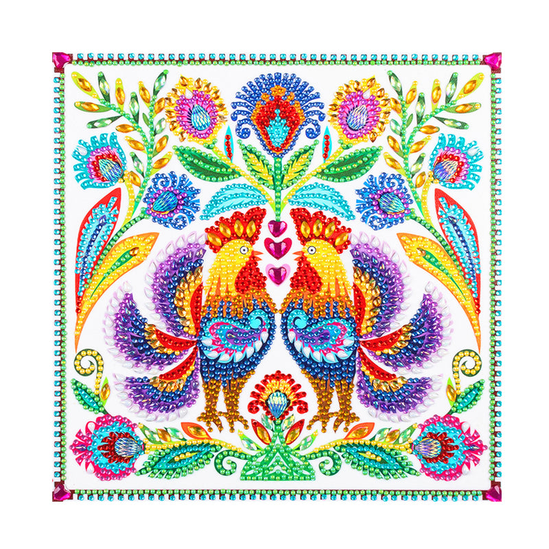 Rooster Couple and Flowers Special Shaped Drills Diamond Painting