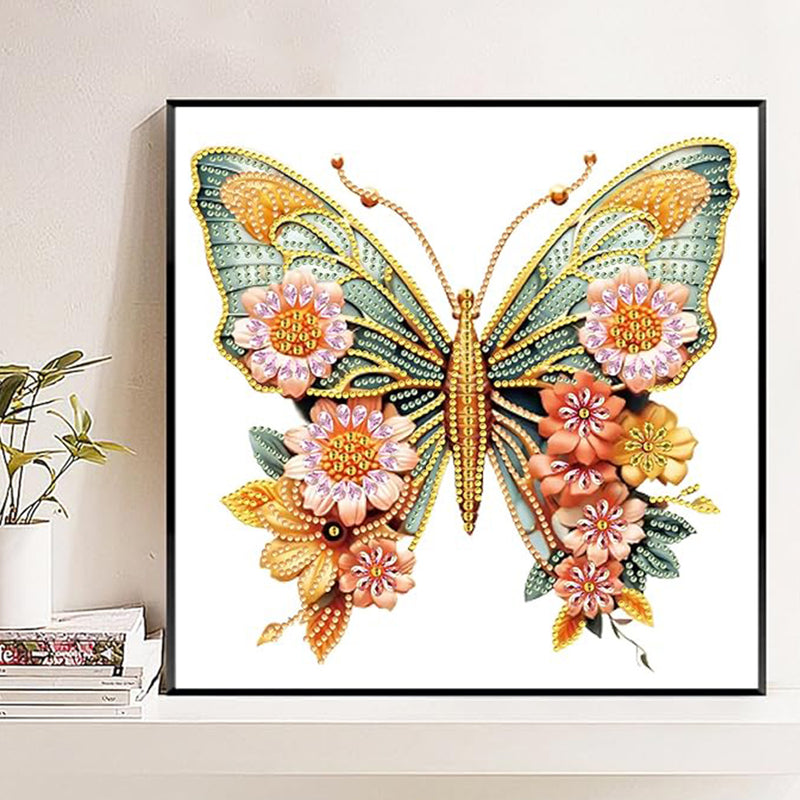 Green Golden Butterfly and Flowers Special Shaped Drills Diamond Painting