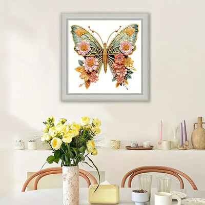 Green Golden Butterfly and Flowers Special Shaped Drills Diamond Painting