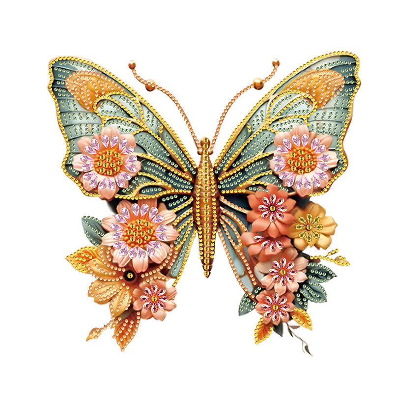 Green Golden Butterfly and Flowers Special Shaped Drills Diamond Painting