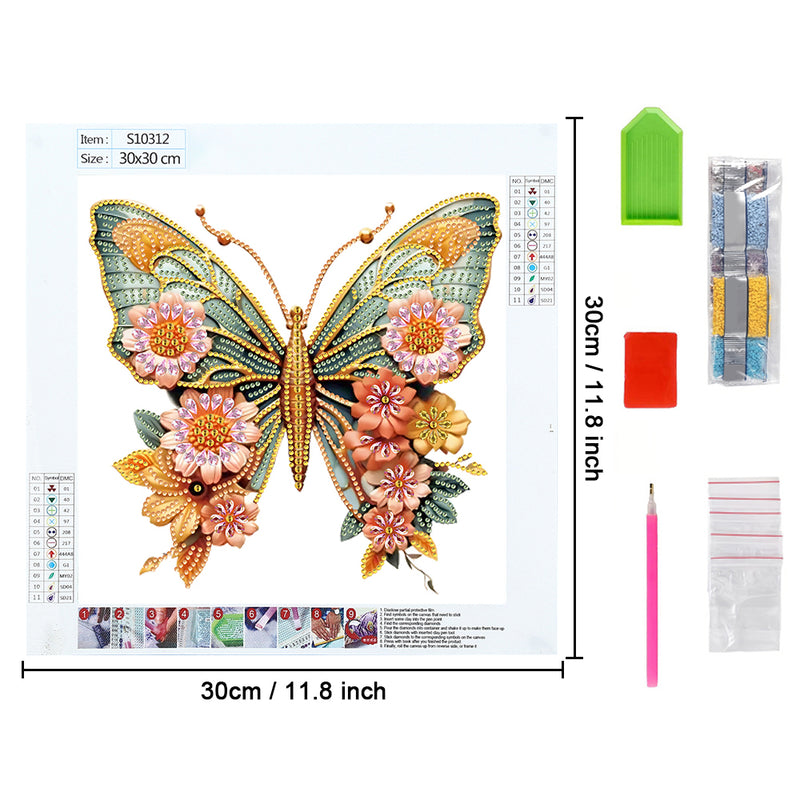 Green Golden Butterfly and Flowers Special Shaped Drills Diamond Painting