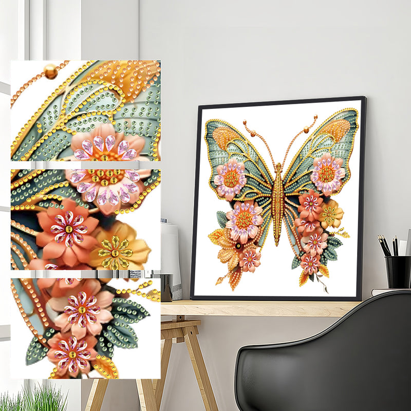 Green Golden Butterfly and Flowers Special Shaped Drills Diamond Painting