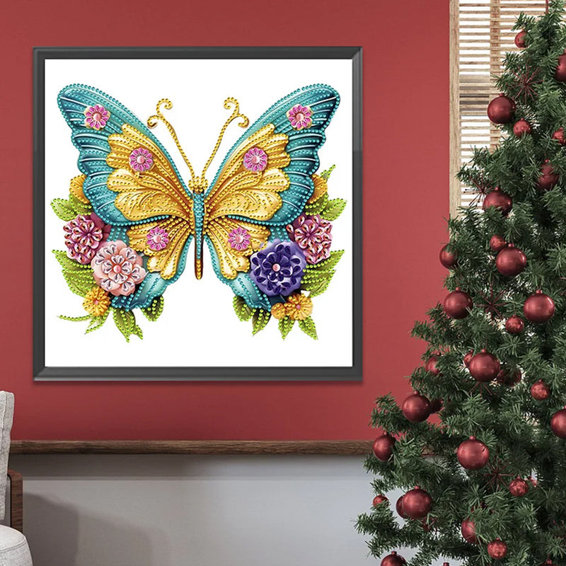 Golden Green Butterfly and Flowers Special Shaped Drills Diamond Painting