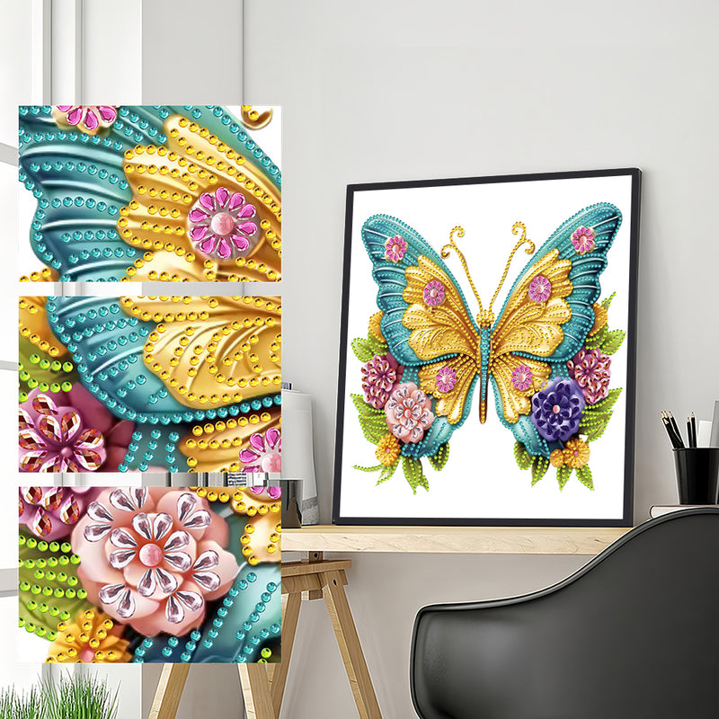 Golden Green Butterfly and Flowers Special Shaped Drills Diamond Painting