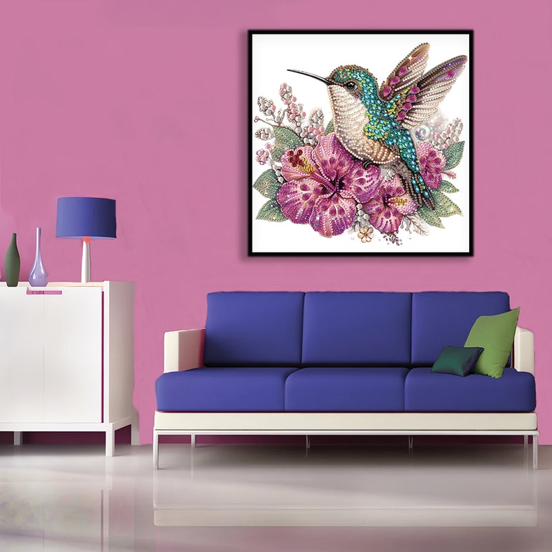 Green Hummingbird and Purple Flowers Special Shaped Drills Diamond Painting