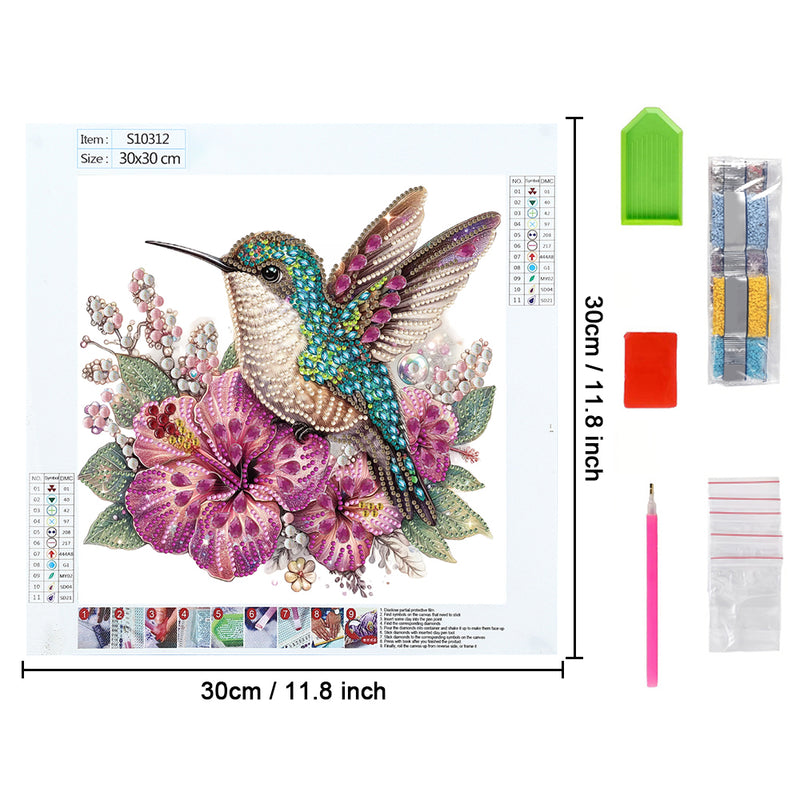 Green Hummingbird and Purple Flowers Special Shaped Drills Diamond Painting