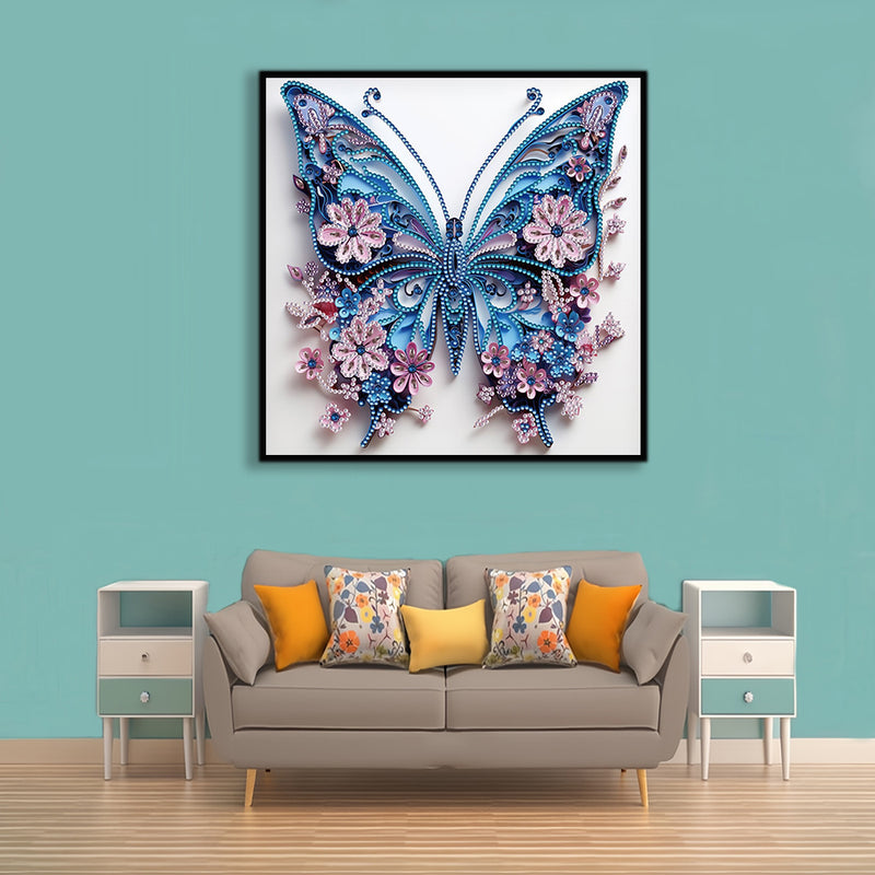 Blue Butterfly and Little Pink Flowers Special Shaped Drills Diamond Painting