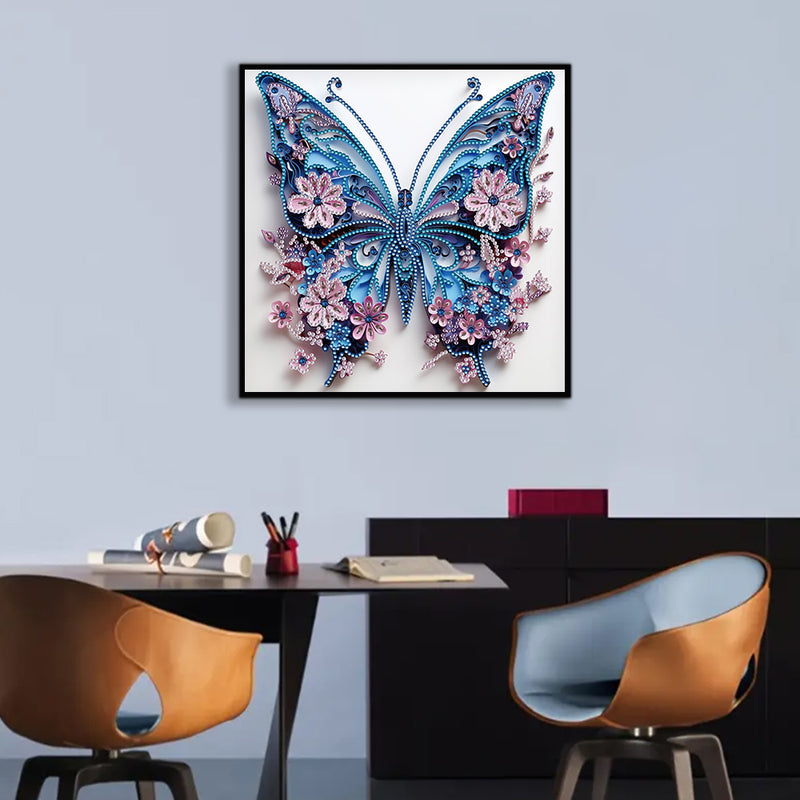 Blue Butterfly and Little Pink Flowers Special Shaped Drills Diamond Painting