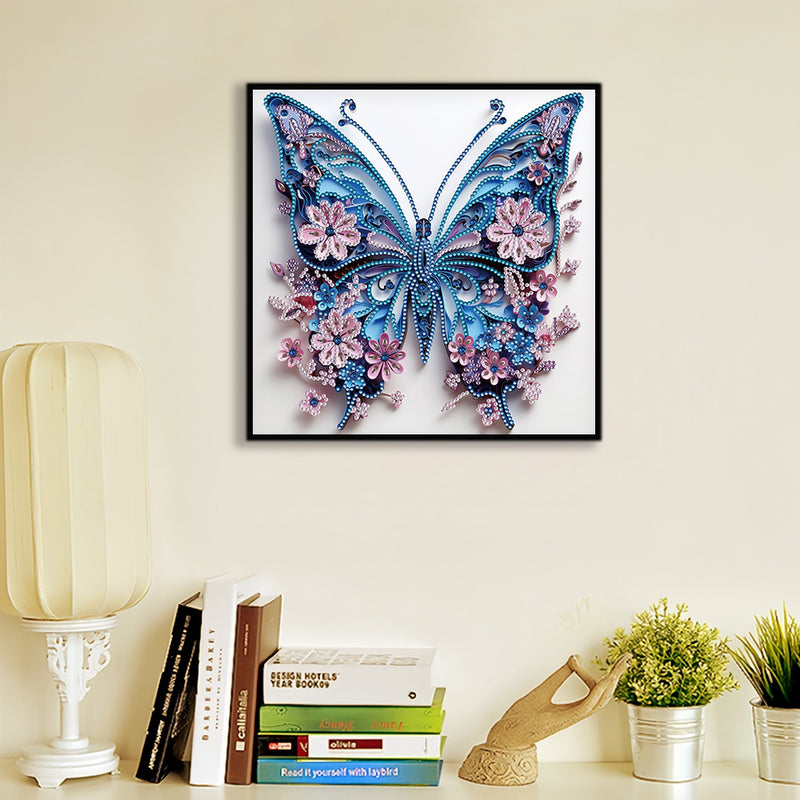 Blue Butterfly and Little Pink Flowers Special Shaped Drills Diamond Painting