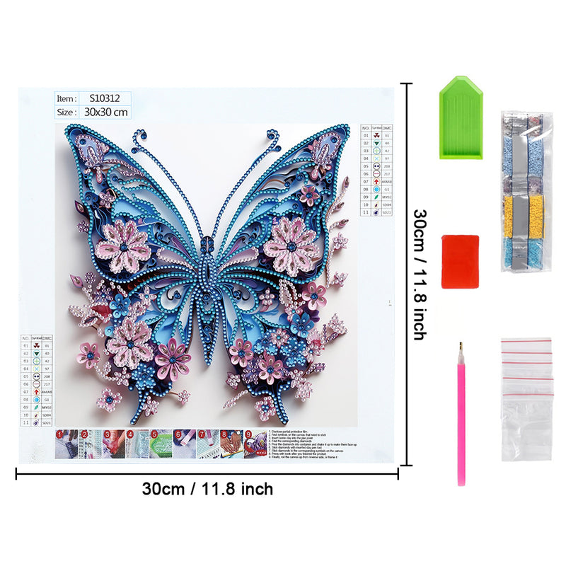 Blue Butterfly and Little Pink Flowers Special Shaped Drills Diamond Painting