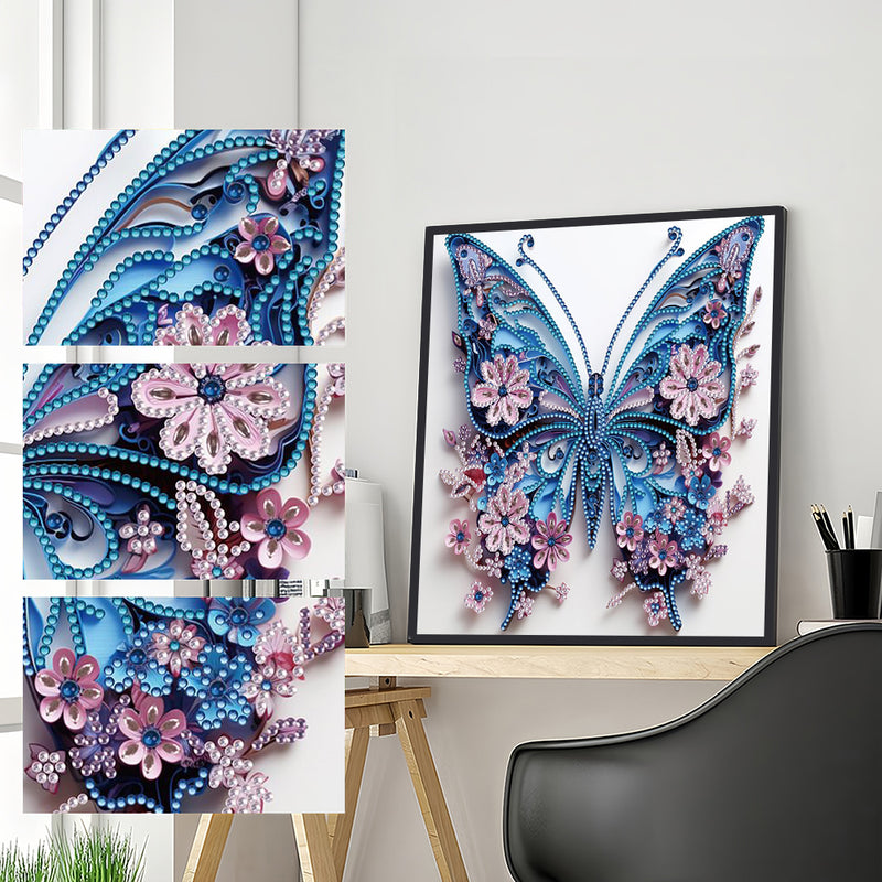 Blue Butterfly and Little Pink Flowers Special Shaped Drills Diamond Painting