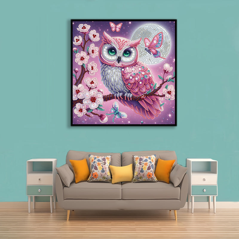 Pink Owl on Flower Tree Special Shaped Drills Diamond Painting