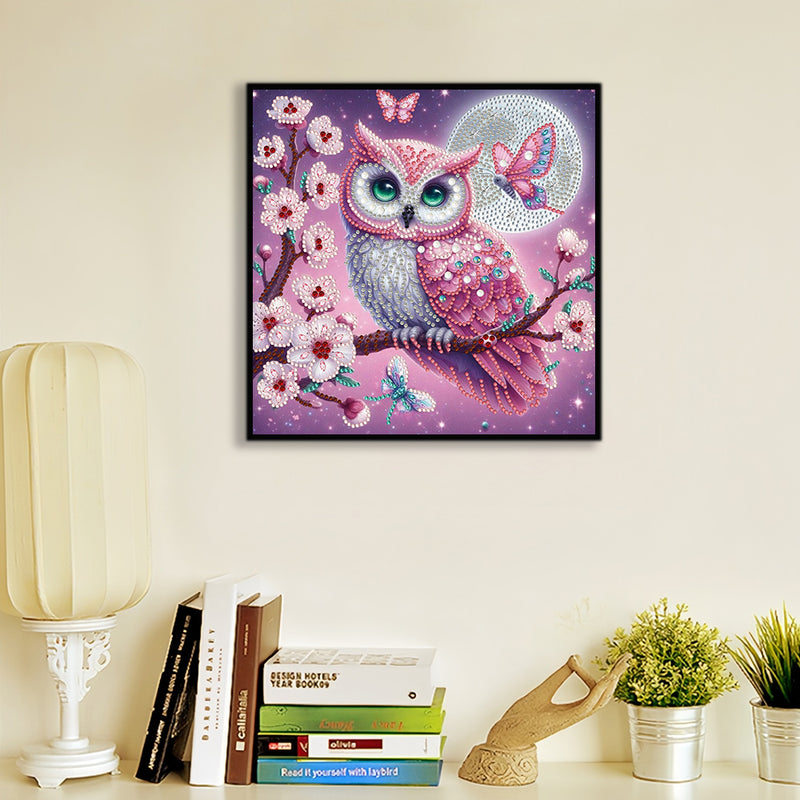 Pink Owl on Flower Tree Special Shaped Drills Diamond Painting