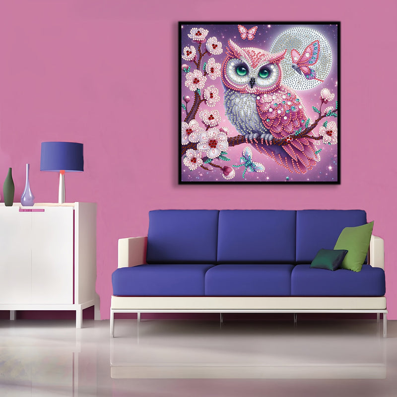 Pink Owl on Flower Tree Special Shaped Drills Diamond Painting