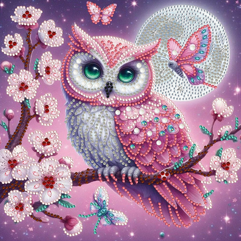 Pink Owl on Flower Tree Special Shaped Drills Diamond Painting