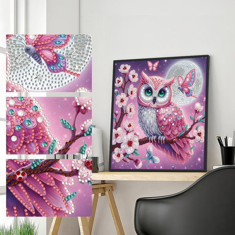 Pink Owl on Flower Tree Special Shaped Drills Diamond Painting